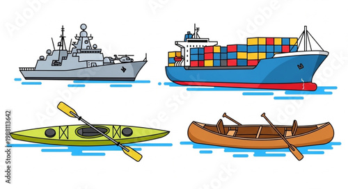 Collection of four different boats and ships floating on water.