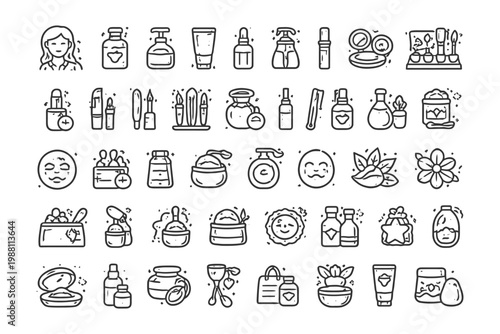 Skincare and beauty product icons with female figure outline.