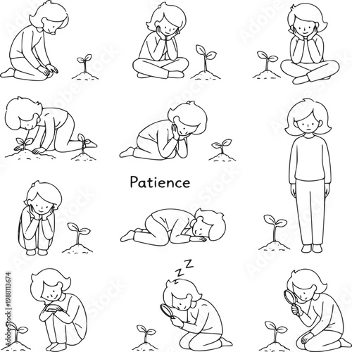 child learning patience step-by-step illustration with planting and growth stages
