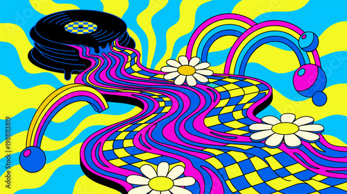 Melting Vinyl Records and Daisy River Pop Surrealism Flat Illustration with Bold Outlines and Retro Psychedelic Shapes