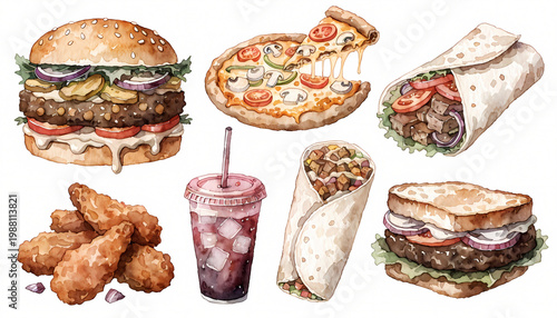 Watercolor set of vegetarian fast food. A veggie burger with a chickpea patty, pizza, shawarma with vegetables and soy meat, veggie wings and burrito, sandwich with vegetable falafel.