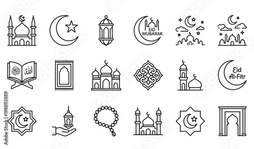 Islamic mosque and crescent moon line icon set for Ramadan and Eid in modern thin outline vector style