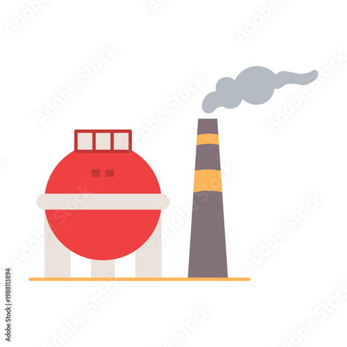 Industrial facility with a red tank and smokestack