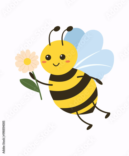 Sweet Cartoon Bumblebee Carrying a Daisy with Stem and Leaf, Flying Character Illustration, Kawaii Nature Icon.Funny smiling bee mascot. Spring garden pollinator concept. Flat vector illustration isol