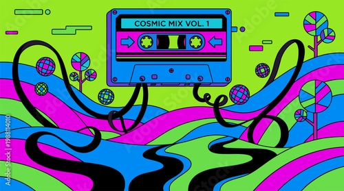 Retro Cassette Tape Landscape With Magnetic Tape Rivers Pop Surrealism Flat Illustration With Bold Outlines