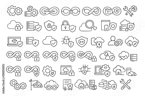 Devsecops security icons collection featuring cloud, lock, and shield elements.
