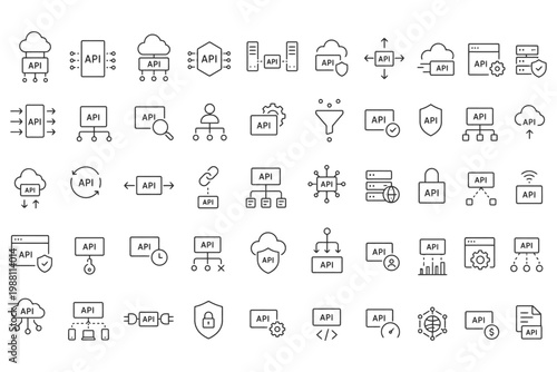 Collection of api cloud integration and security icon set.