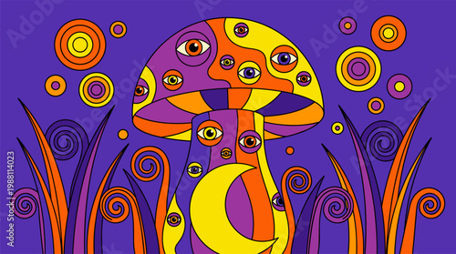 Psychedelic Mushroom House With Multi-Eyed Features Pop Surrealism Flat Illustration With Bold Outlines