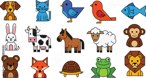 Farm and Wild Animals Vector Set Dog Cat Cow Horse Lion Frog Cartoon Icons