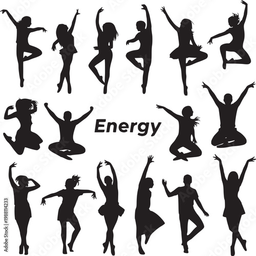 diverse group of people in dynamic yoga and dance poses illustrating energy and vitality flat design