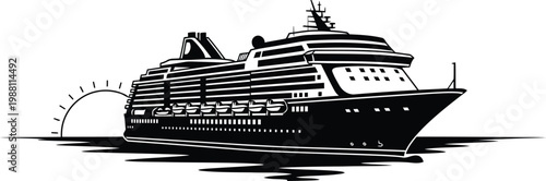 Luxury Cruise Ship, Ocean Liner, Black and White Vector, Nautical Icon, Travel Illustration