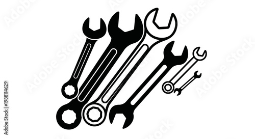 Set of Black Wrenches on White Background