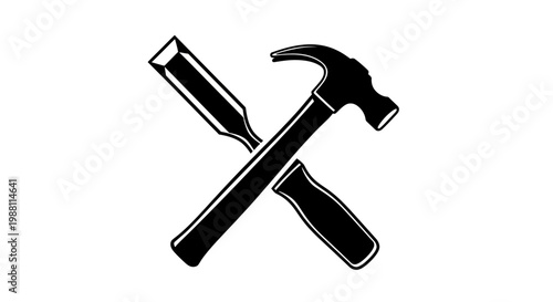 Hammer and Chisel Crossed Icon, Carpentry and Woodworking Tools