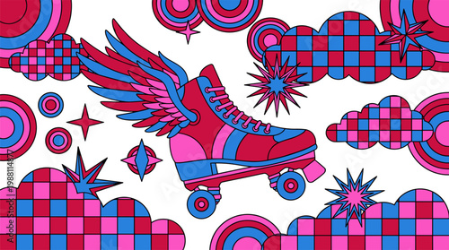 Winged High Top Roller Skate in Geometric Sky Pop Surrealism Flat Illustration with Bold Outlines