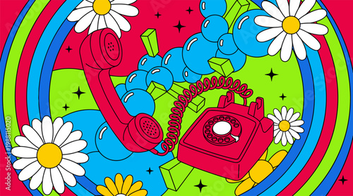 Retro Telephone Handset with Geometric Prisms and Daisy Blossoms Pop Surrealism Flat Illustration