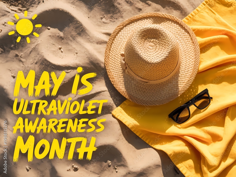 Fototapeta premium Sun protection accessories on sand for ultraviolet awareness month