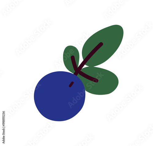 Blueberry with leaves. Fresh ripe blue berry with green leaf. Organic natural forest fruit, summer vitamin food. Bilberry, whortleberry. Flat graphic vector illustration isolated on white background