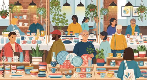 Diverse group of people shopping in a vibrant plant and home goods store.