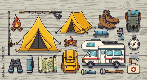 Camping and Outdoor Adventure Gear Collection Illustration.