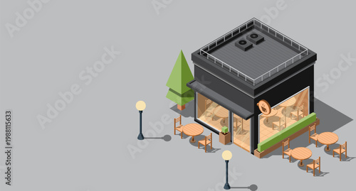 Isometric coffee shop. Isometric vector cafe building. Isometric exterior of coffee shop