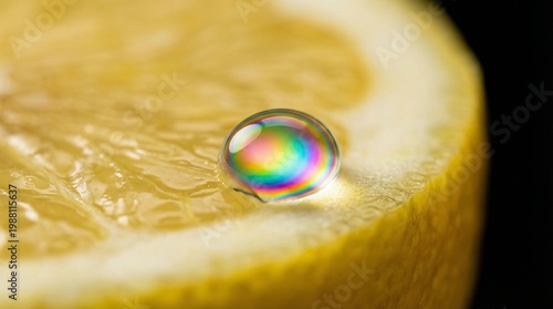 Water droplet on lemon slice with colorful reflection closeup  