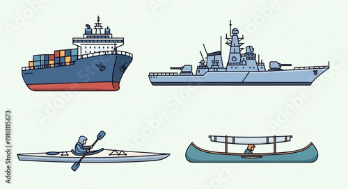Collection of four different types of watercraft vessels.