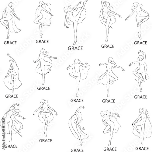 elegant ballet dancer poses gracefully in minimalist line art illustration set