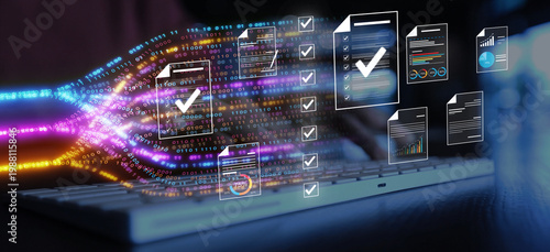 Foto Document management concept, check electronic documents on digital documents on