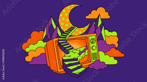 Retro Television with Floating Staircase and Polka Dot Moon, Pop Surrealism Flat Illustration with Bold Outlines