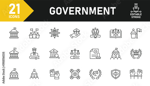 Government line icon set. Set of 21 outline icons related to legal office, law, debate, election, corruption, public services and others. Editable stroke. Vector illustration.