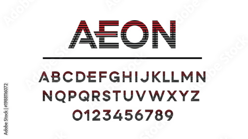 Retro pixelated font display featuring the word aeon and alphabet characters with numbers Vector