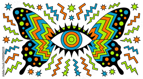 Surreal Butterfly Eye with Zigzag Patterns and Polka Dots Pop Surrealism Flat Illustration with Bold Outlines Graphic Art