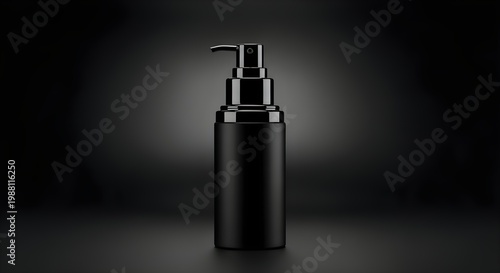 A sleek black bottle with a pump dispenser stands alone in a dark background with a spotlight shining on it