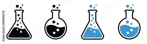 Science laboratory flask icon set vector illustration with beakers, chemistry glassware, liquid, and bubbles for experiments, research, medical science, and education design applications.