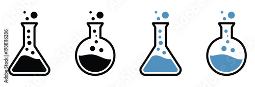 Laboratory flask icon set vector illustration of science beaker, chemistry bottle, and experiment glassware with liquid and bubbles for research, medical, education, and laboratory analysis design.