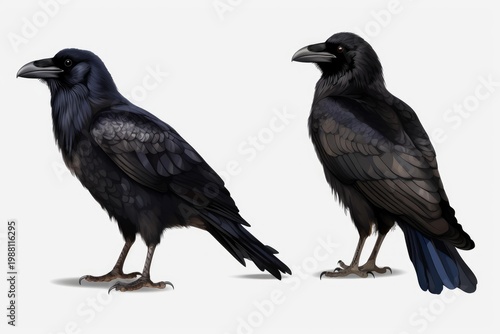 Two black ravens standing on a white background, concept of wildlife or mystery