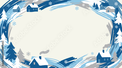 A charming winter village scene with snow-covered houses and pine trees, framed by swirling blue and white brushstrokes.