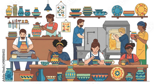 Diverse group of people creating pottery in a bright studio.