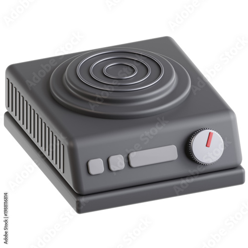 Minimalist 3D Illustration of a Portable Electric Stove with Control Knob and Heating Elements