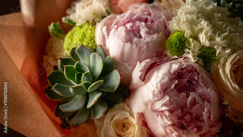 A close-up shot of a Mother's Day bouquet with pink peonies, green carnations, white lisianthus, blush roses, and a succulent, beautifully arranged in warm-toned wrapping paper. No text, softly lit, p