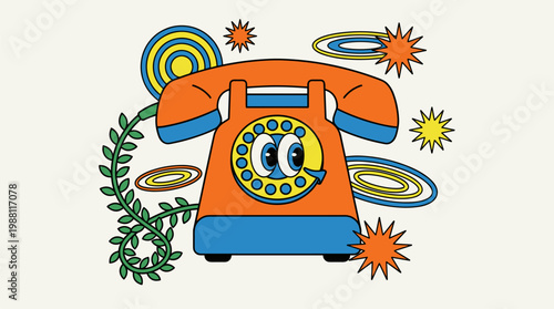 Vintage Rotary Telephone with Organic Vines and Floating Eyes Pop Surrealism Flat Illustration with Bold Outlines