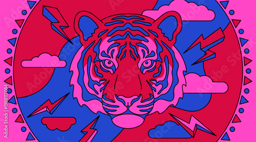 Surreal Tiger Head with Amoeba Stripes and Lightning Bolts Pop Surrealism Flat Illustration with Bold Outlines