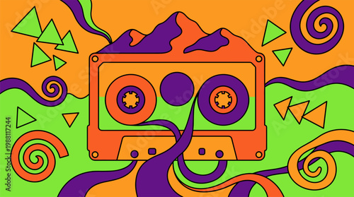 Vintage Cassette Tape Mountains and Sun Landscape in Pop Surrealism Flat Illustration with Bold Outlines