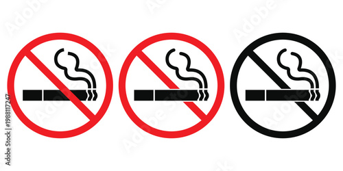 No Smoking Sign Icon Set, Cigarette Prohibited Symbol Collection in Red and Black