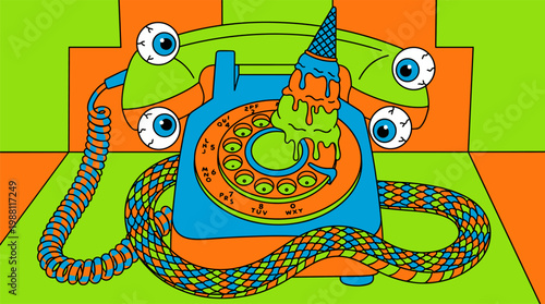 Vintage Rotary Telephone With Snake Cord And Eyeballs Pop Surrealism Flat Illustration With Bold Outlines