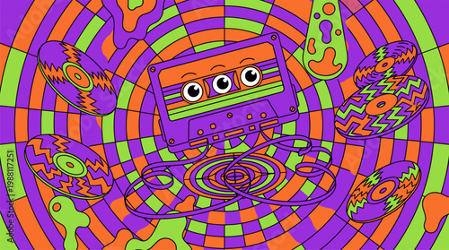 Retro Cassette Tape with Surreal Eyes and Unspooled Tape Flat Illustration in Pop Surrealism Style