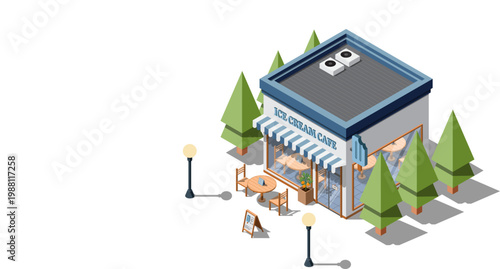 Isometric ice cream shop. Ice cream cafe. Isometric vector cafe building. Isometric exterior of ice cream shop. Isometric commercial restaurant building