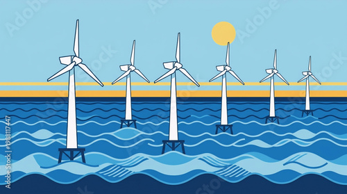 Dynamic Offshore Wind Farm Illustration Showcasing Renewable Energy Generation Over the Ocean Waves