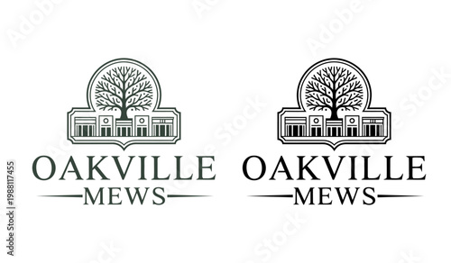 Oakville mews logo two detailed building illustrations with text