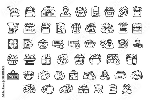 Black and white linear grocery icons illustrating shopping themes and food concepts.